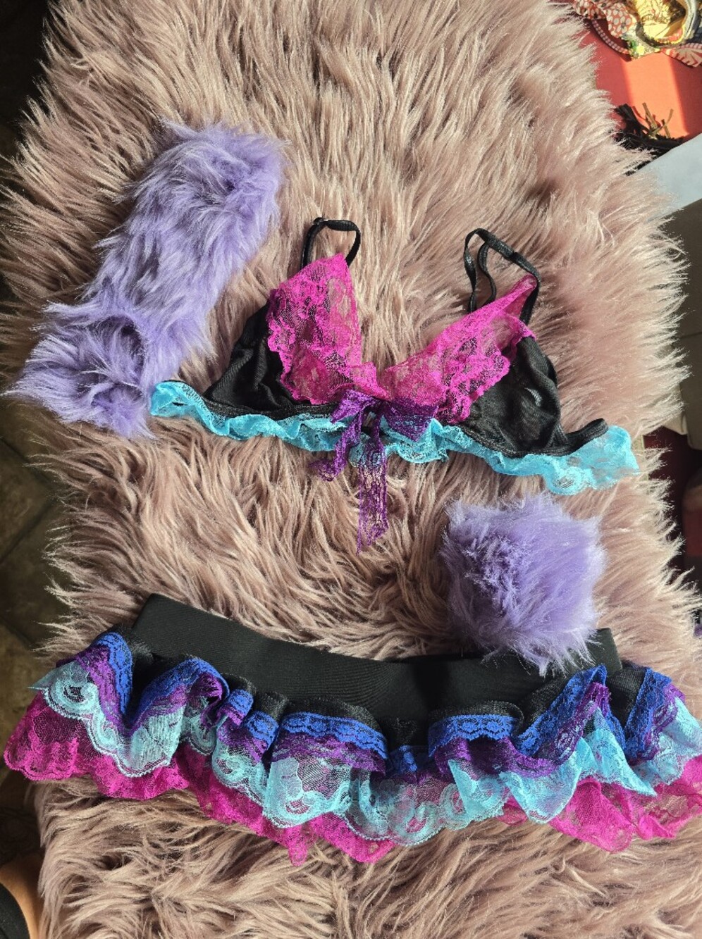 Lace Trim Bralette Set*Teal & Hot Pink Lace* Includes Fuzzy Snap-bracelets